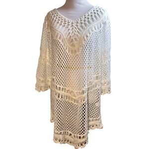Crocheted Swim Dress Cover Up One Size Ivory Boho Indie Mesh Lace Resort Beach
